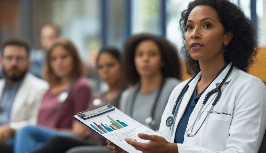 healthcare executive leader and female doctor discussing emerging trends in healthcare leadership, presenting data to a group of racially diverse healthcare professionals.